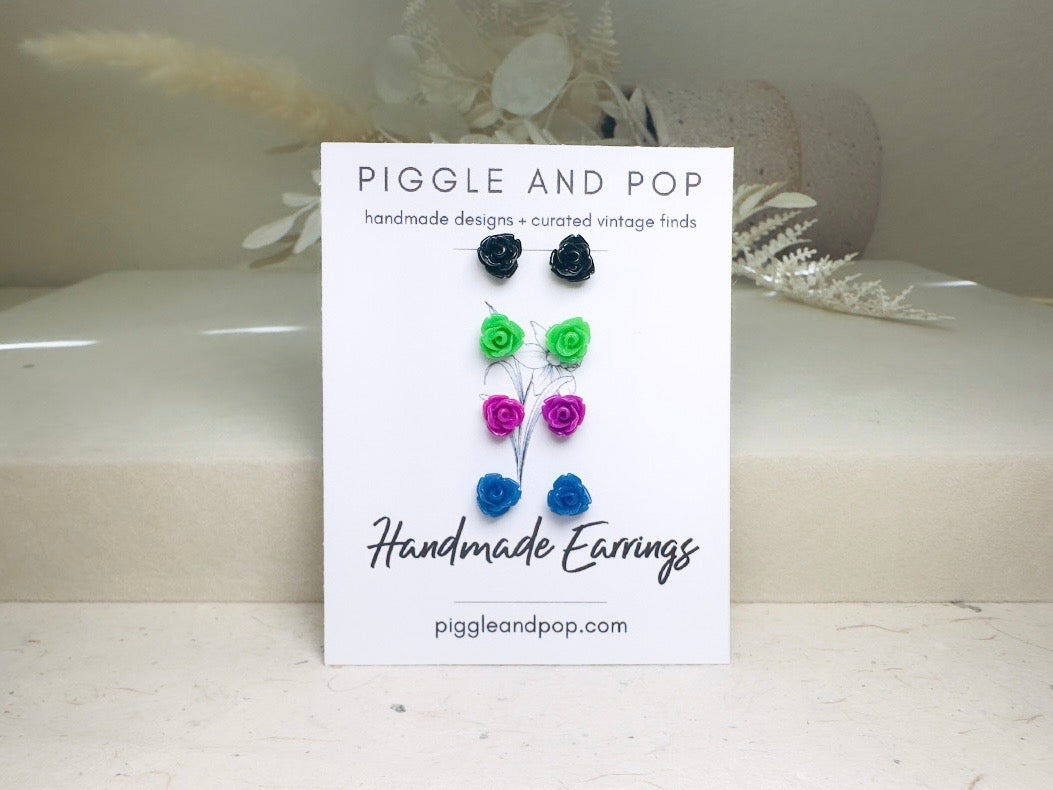 Rose Stud Earrings Set, Black Green Purple Blue Flower Stud Earrings with Hypoallergenic Posts and Backs