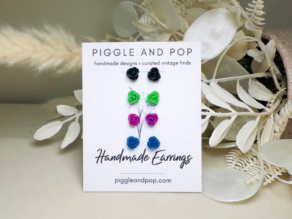Rose Stud Earrings Set, Black Green Purple Blue Flower Stud Earrings with Hypoallergenic Posts and Backs