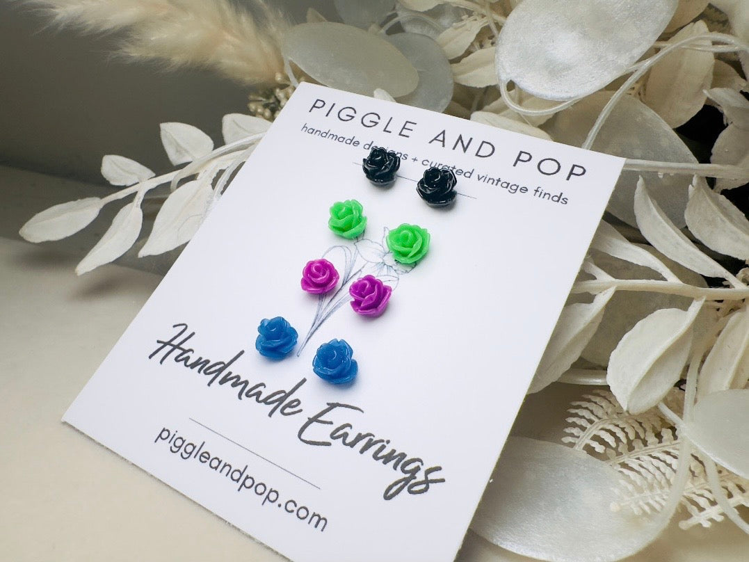 Rose Stud Earrings Set, Black Green Purple Blue Flower Stud Earrings with Hypoallergenic Posts and Backs