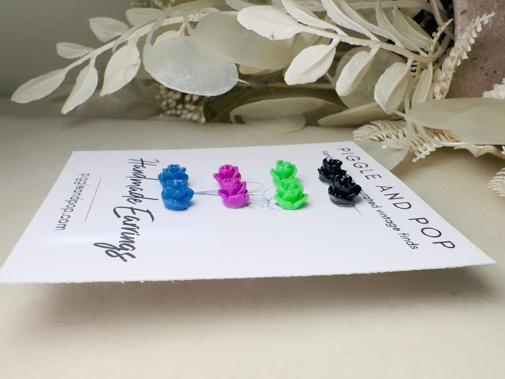 Rose Stud Earrings Set, Black Green Purple Blue Flower Stud Earrings with Hypoallergenic Posts and Backs