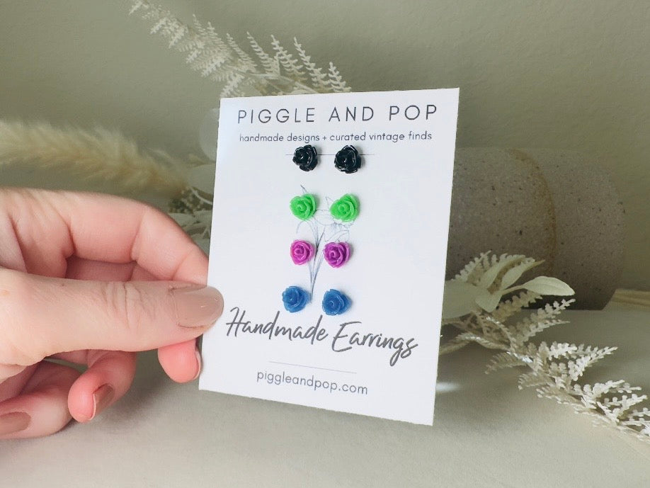 Rose Stud Earrings Set, Black Green Purple Blue Flower Stud Earrings with Hypoallergenic Posts and Backs