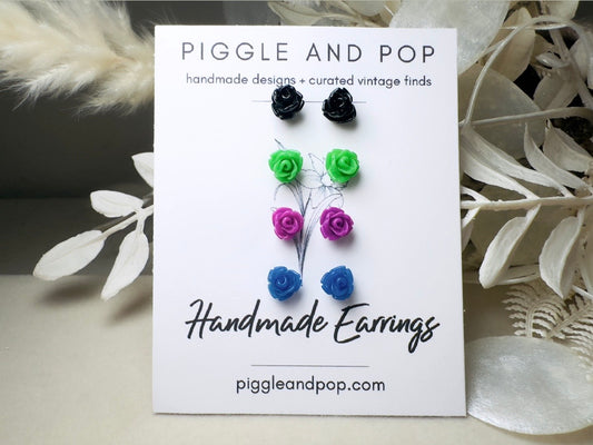 Rose Stud Earrings Set, Black Green Purple Blue Flower Stud Earrings with Hypoallergenic Posts and Backs