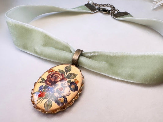 Sage Green Velvet Choker Necklace with Antique Glass Flower Pendant, Victorian Ribbon Choker with Floral Cameo