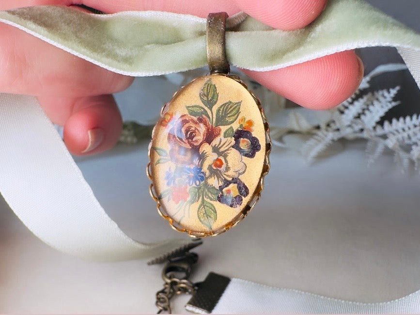 Sage Green Velvet Choker Necklace with Antique Glass Flower Pendant, Victorian Ribbon Choker with Floral Cameo