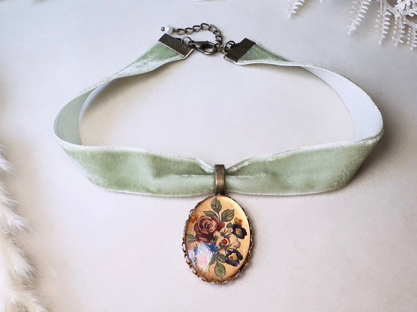 Sage Green Velvet Choker Necklace with Antique Glass Flower Pendant, Victorian Ribbon Choker with Floral Cameo
