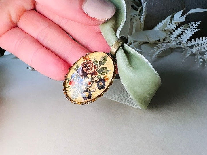 Sage Green Velvet Choker Necklace with Antique Glass Flower Pendant, Victorian Ribbon Choker with Floral Cameo