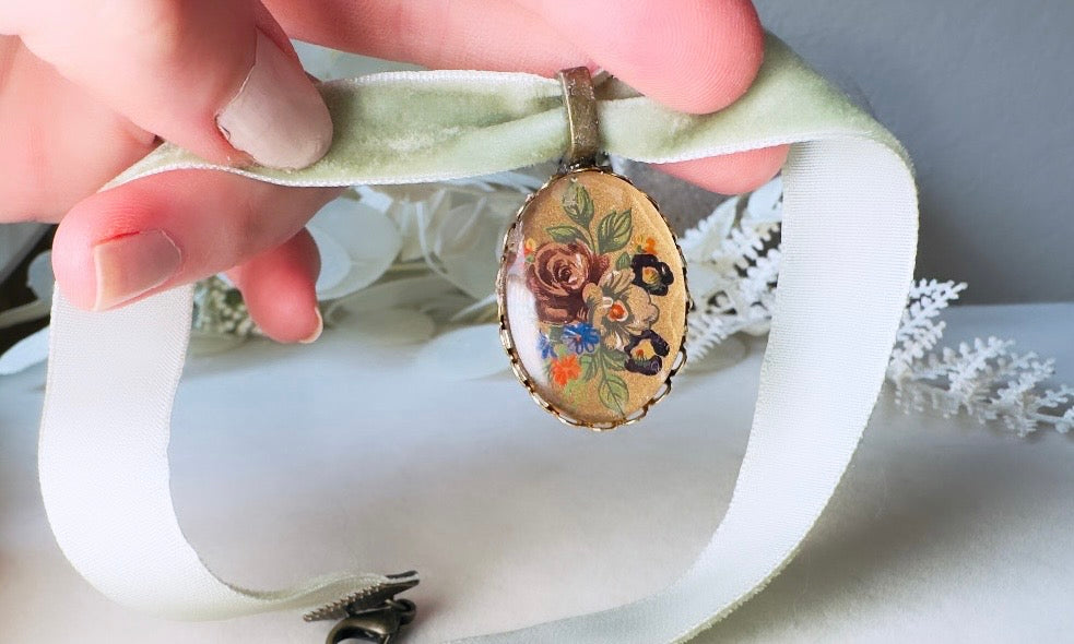 Sage Green Velvet Choker Necklace with Antique Glass Flower Pendant, Victorian Ribbon Choker with Floral Cameo