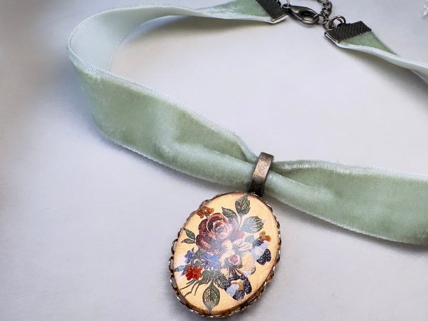 Sage Green Velvet Choker Necklace with Antique Glass Flower Pendant, Victorian Ribbon Choker with Floral Cameo