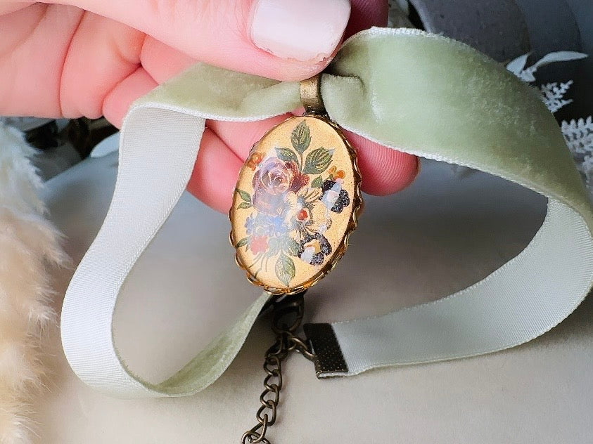 Sage Green Velvet Choker Necklace with Antique Glass Flower Pendant, Victorian Ribbon Choker with Floral Cameo