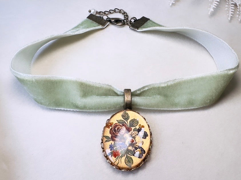 Sage Green Velvet Choker Necklace with Antique Glass Flower Pendant, Victorian Ribbon Choker with Floral Cameo