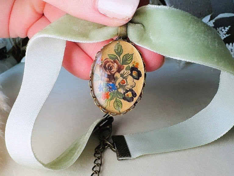 Sage Green Velvet Choker Necklace with Antique Glass Flower Pendant, Victorian Ribbon Choker with Floral Cameo