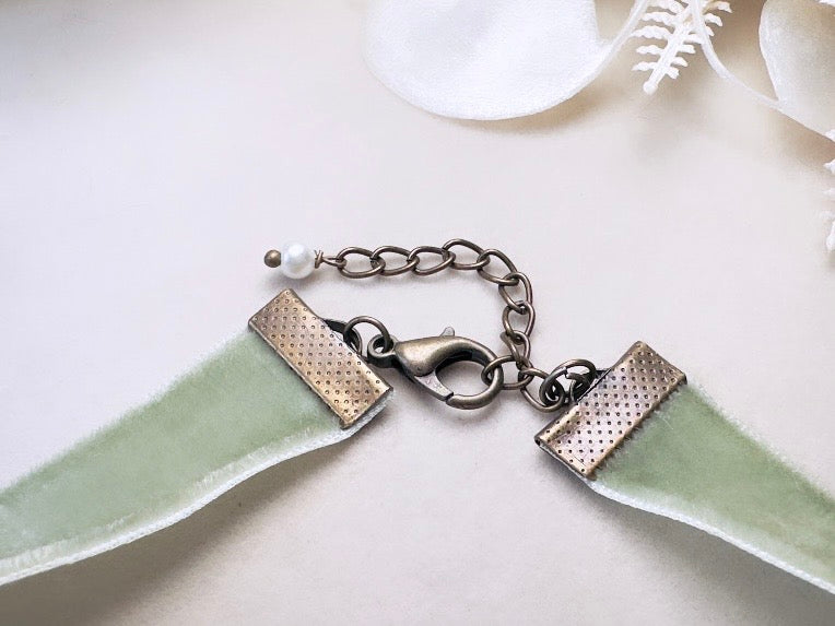 Sage Green Velvet Choker Necklace with Antique Glass Flower Pendant, Victorian Ribbon Choker with Floral Cameo