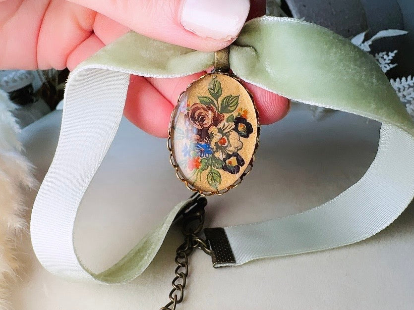 Sage Green Velvet Choker Necklace with Antique Glass Flower Pendant, Victorian Ribbon Choker with Floral Cameo
