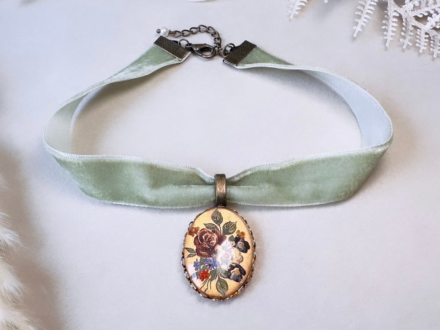 Sage Green Velvet Choker Necklace with Antique Glass Flower Pendant, Victorian Ribbon Choker with Floral Cameo
