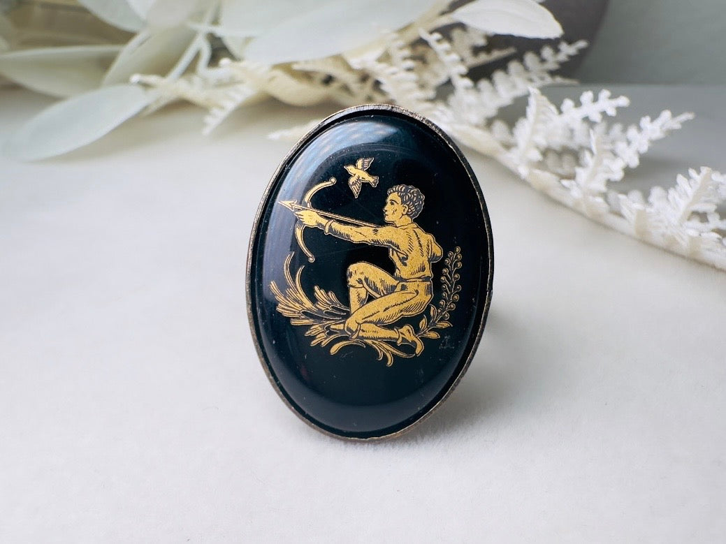 Sagittarius Zodiac Ring, Vintage Black Glass Adjustable Antique Bronze Astrology Ring