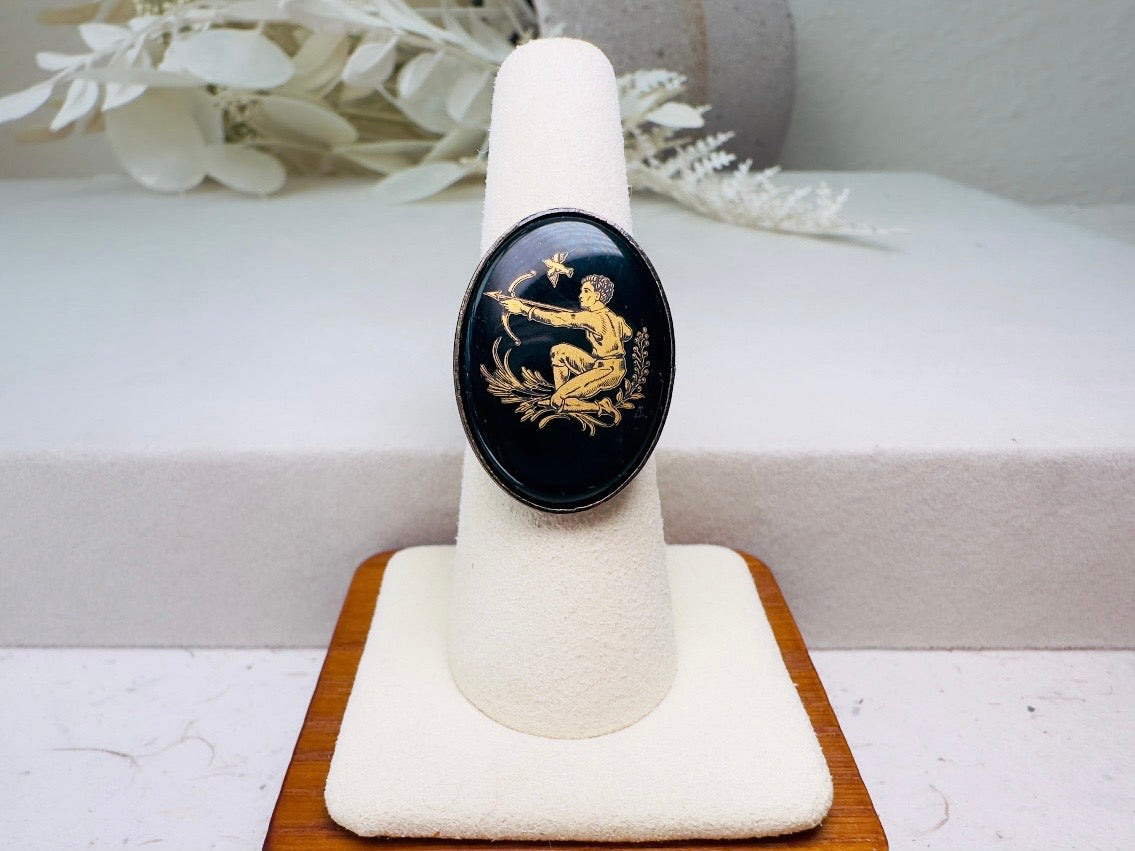 Sagittarius Zodiac Ring, Vintage Black Glass Adjustable Antique Bronze Astrology Ring