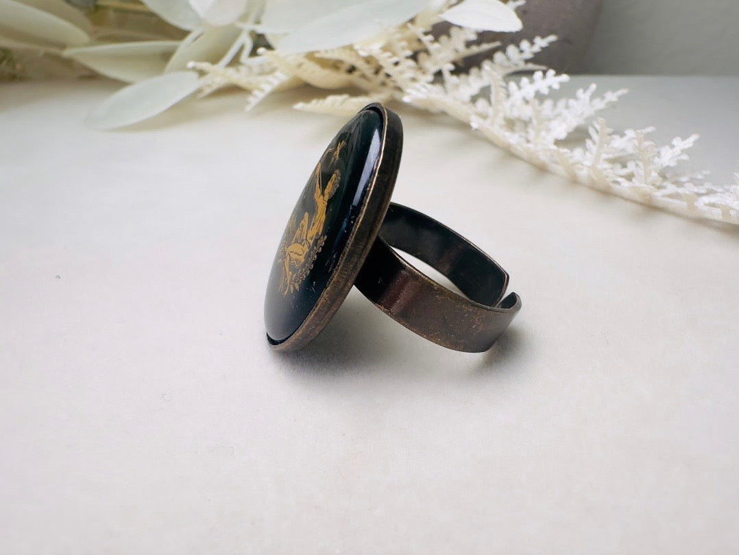 Sagittarius Zodiac Ring, Vintage Black Glass Adjustable Antique Bronze Astrology Ring