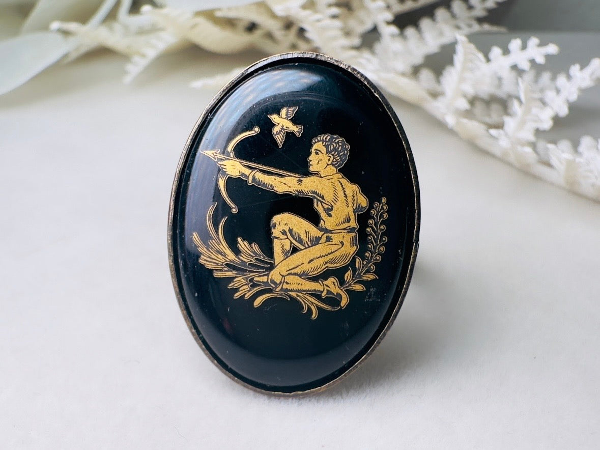 Sagittarius Zodiac Ring, Vintage Black Glass Adjustable Antique Bronze Astrology Ring