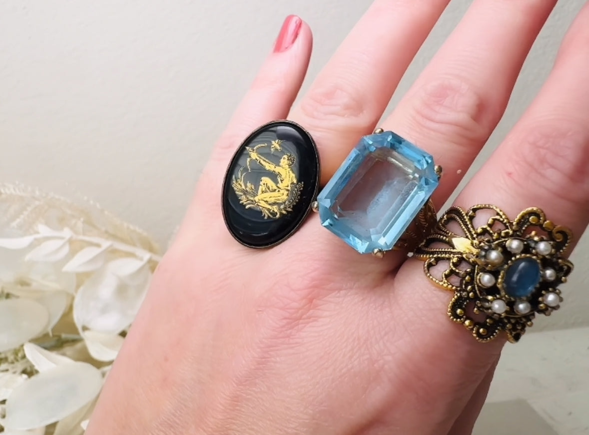 Sagittarius Zodiac Ring, Vintage Black Glass Adjustable Antique Bronze Astrology Ring