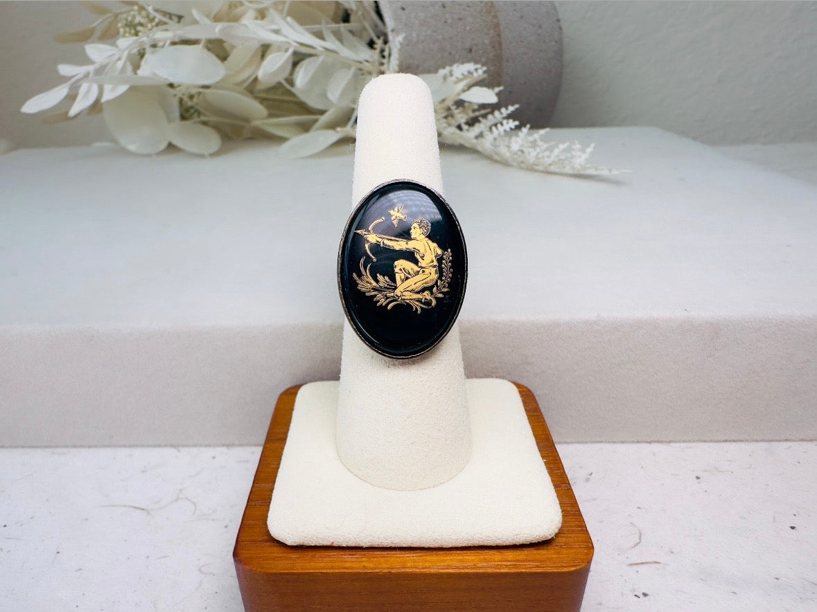 Sagittarius Zodiac Ring, Vintage Black Glass Adjustable Antique Bronze Astrology Ring