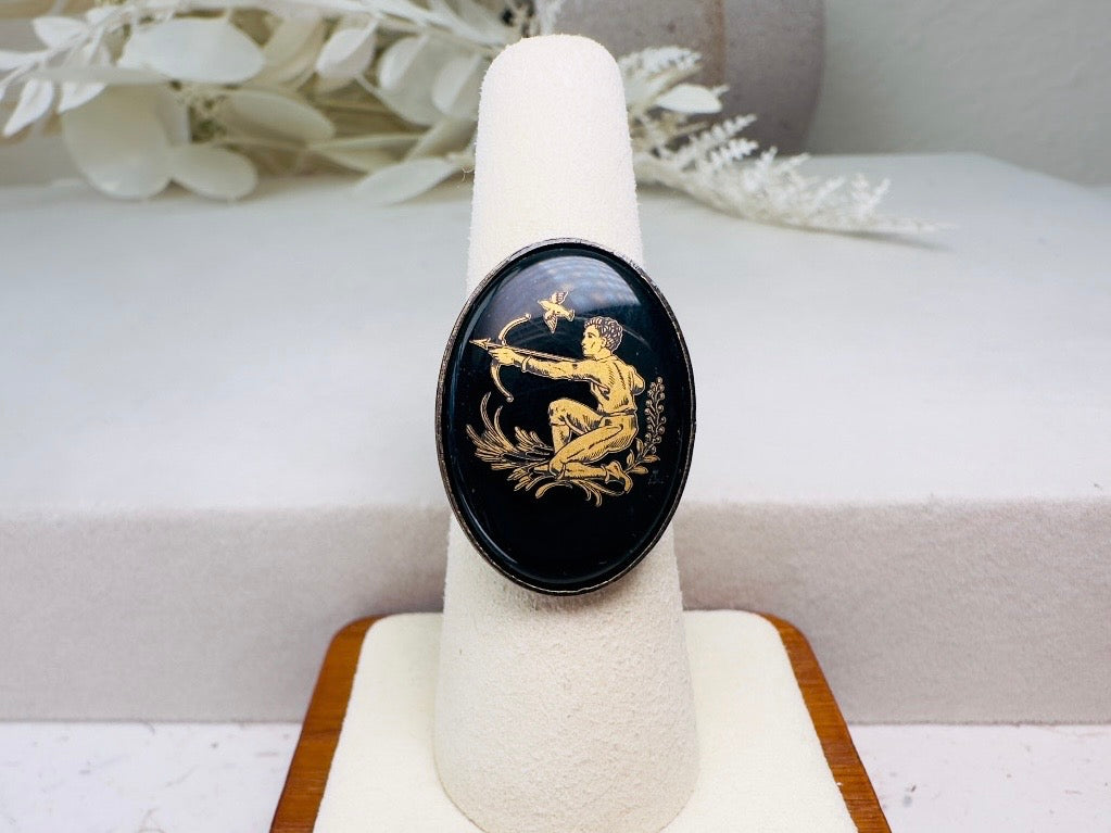 Sagittarius Zodiac Ring, Vintage Black Glass Adjustable Antique Bronze Astrology Ring