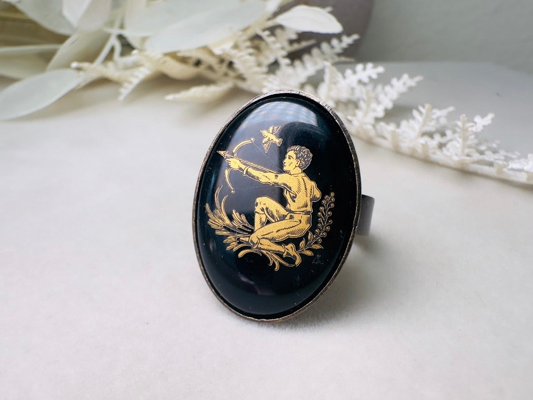 Sagittarius Zodiac Ring, Vintage Black Glass Adjustable Antique Bronze Astrology Ring