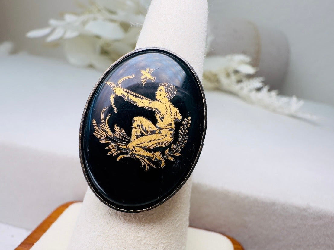 Sagittarius Zodiac Ring, Vintage Black Glass Adjustable Antique Bronze Astrology Ring