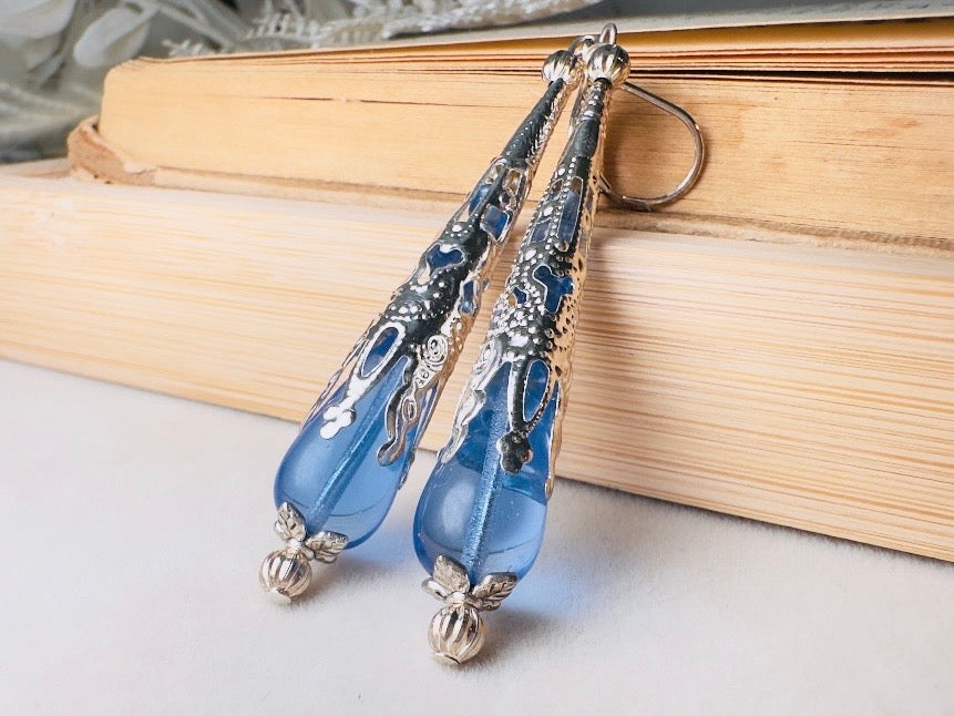Sapphire Blue Teardrop Earrings, Handmade Beaded Victorian Drop Earrings with Czech Glass, Crystals and Silver Filigree Cones