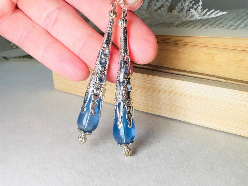 Sapphire Blue Teardrop Earrings, Handmade Beaded Victorian Drop Earrings with Czech Glass, Crystals and Silver Filigree Cones