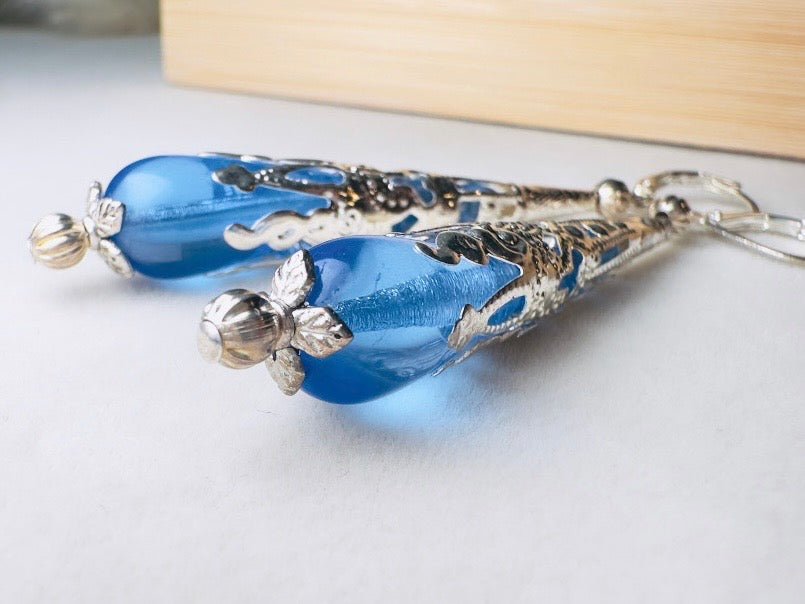 Sapphire Blue Teardrop Earrings, Handmade Beaded Victorian Drop Earrings with Czech Glass, Crystals and Silver Filigree Cones