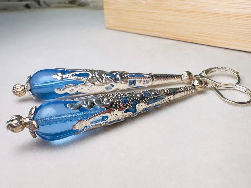 Sapphire Blue Teardrop Earrings, Handmade Beaded Victorian Drop Earrings with Czech Glass, Crystals and Silver Filigree Cones