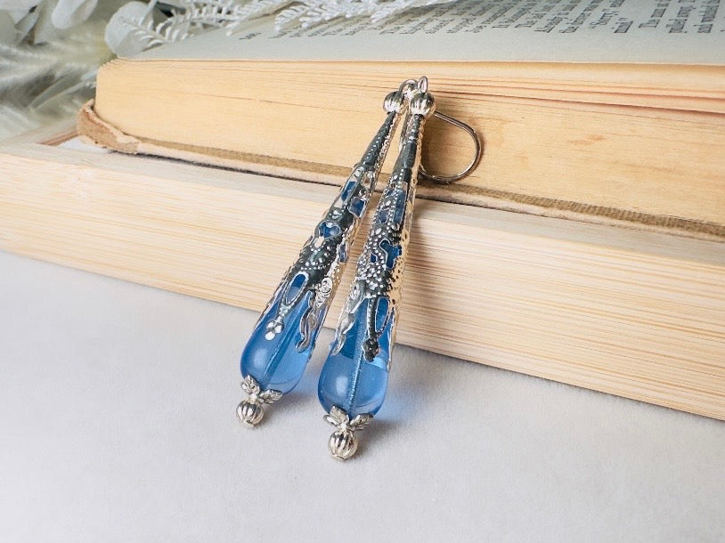 Sapphire Blue Teardrop Earrings, Handmade Beaded Victorian Drop Earrings with Czech Glass, Crystals and Silver Filigree Cones