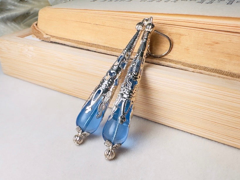Sapphire Blue Teardrop Earrings, Handmade Beaded Victorian Drop Earrings with Czech Glass, Crystals and Silver Filigree Cones