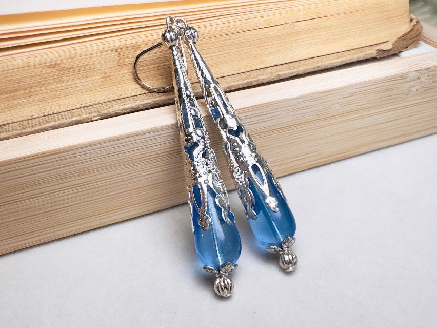 Sapphire Blue Teardrop Earrings, Handmade Beaded Victorian Drop Earrings with Czech Glass, Crystals and Silver Filigree Cones