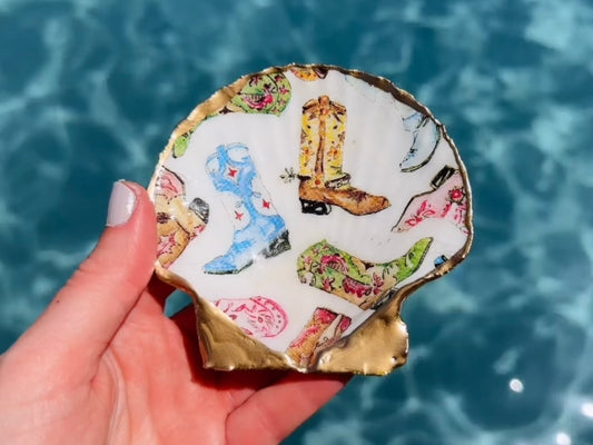 Scallop Shell Trinket Dish with Cowboy Boot Decoupage, Handmade Cowgirl Coastal Jewelry Holder, Made in Texas