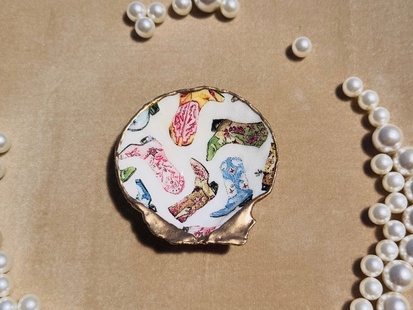 Scallop Shell Trinket Dish with Cowboy Boot Decoupage, Handmade Cowgirl Coastal Jewelry Holder, Made in Texas