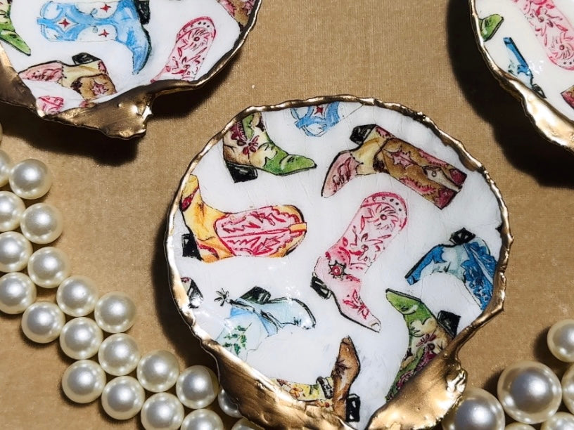 Scallop Shell Trinket Dish with Cowboy Boot Decoupage, Handmade Cowgirl Coastal Jewelry Holder, Made in Texas