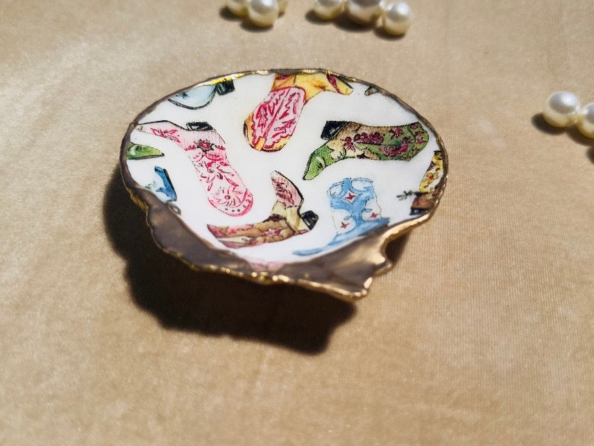 Scallop Shell Trinket Dish with Cowboy Boot Decoupage, Handmade Cowgirl Coastal Jewelry Holder, Made in Texas
