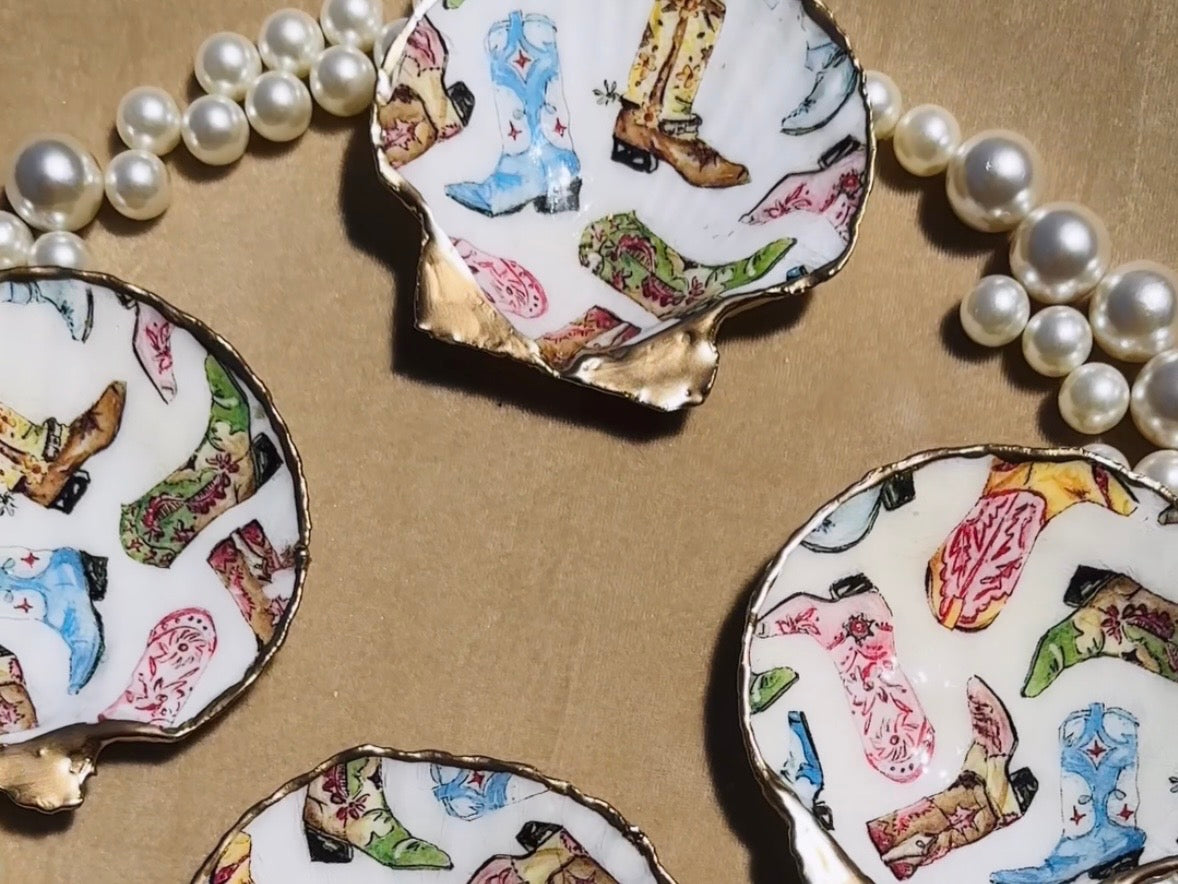 Scallop Shell Trinket Dish with Cowboy Boot Decoupage, Handmade Cowgirl Coastal Jewelry Holder, Made in Texas