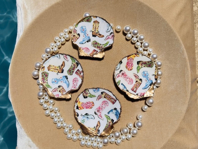 Scallop Shell Trinket Dish with Cowboy Boot Decoupage, Handmade Cowgirl Coastal Jewelry Holder, Made in Texas