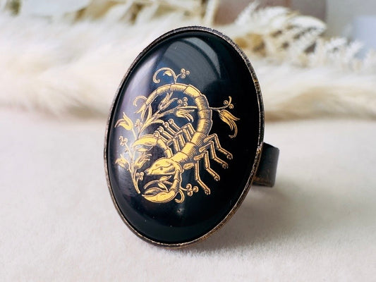 Scorpio Zodiac Ring, Vintage Astrology Glass Cabochon with Adjustable Bronze Band, Black and Gold Gothic Statement Ring