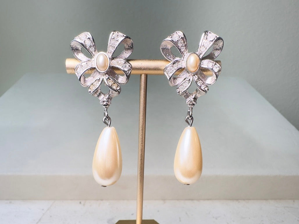 Silver Bow Earrings with Pearl Teardrops, Vintage Signed Richelieu Lolita Earrings with Crystals
