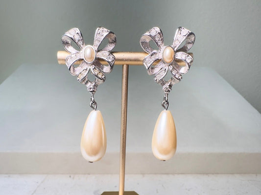 Silver Bow Earrings with Pearl Teardrops, Vintage Signed Richelieu Lolita Earrings with Crystals