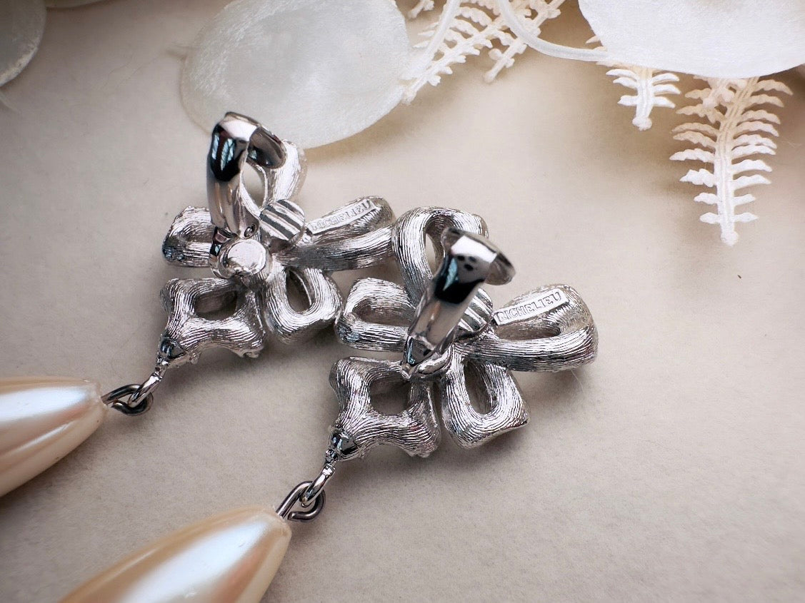 Silver Bow Earrings with Pearl Teardrops, Vintage Signed Richelieu Lolita Earrings with Crystals