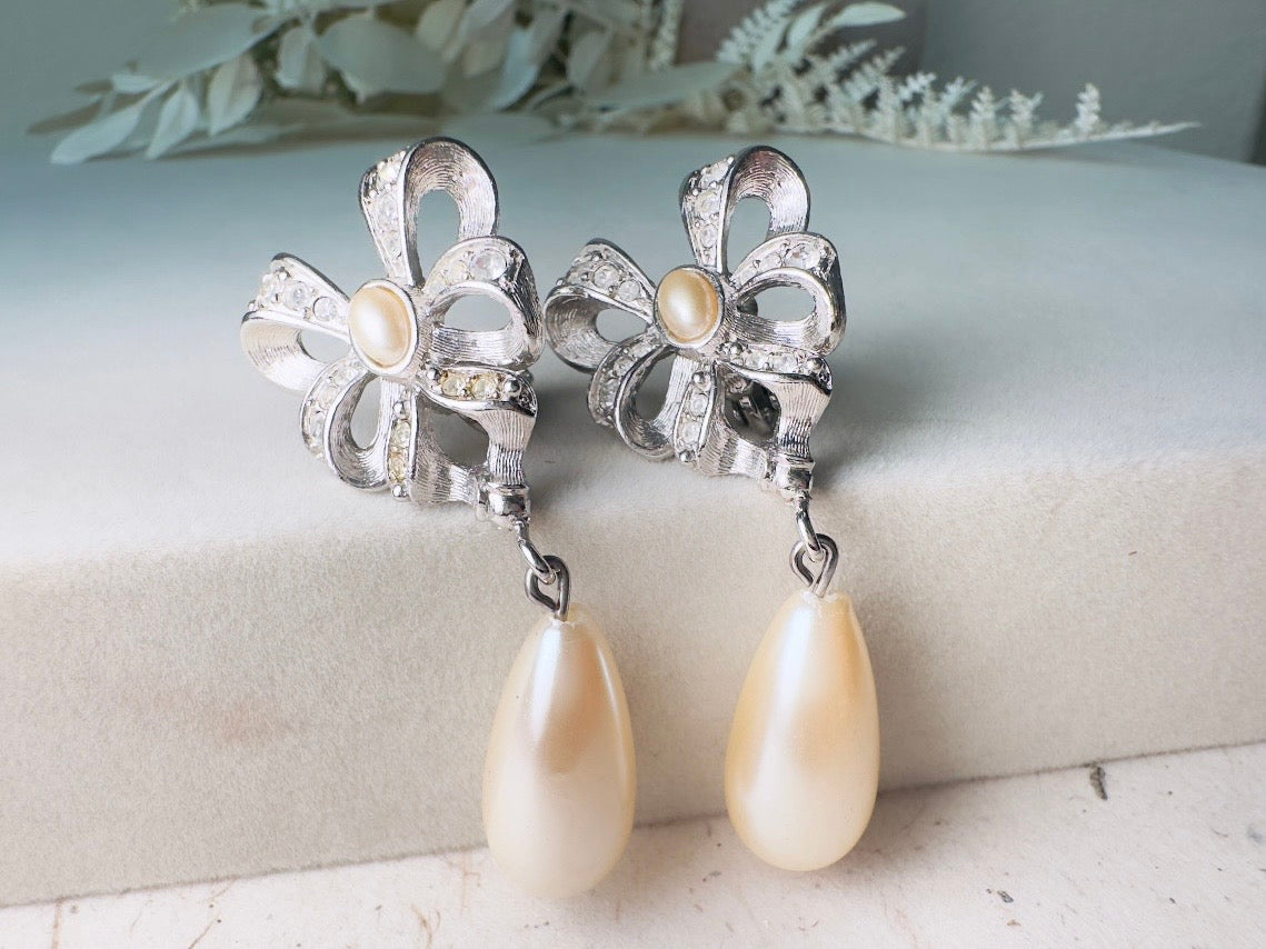 Silver Bow Earrings with Pearl Teardrops, Vintage Signed Richelieu Lolita Earrings with Crystals 