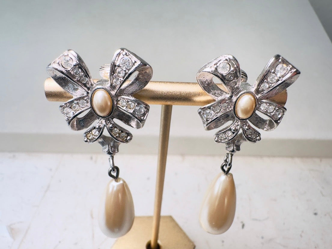 Silver Bow Earrings with Pearl Teardrops, Vintage Signed Richelieu Lolita Earrings with Crystals