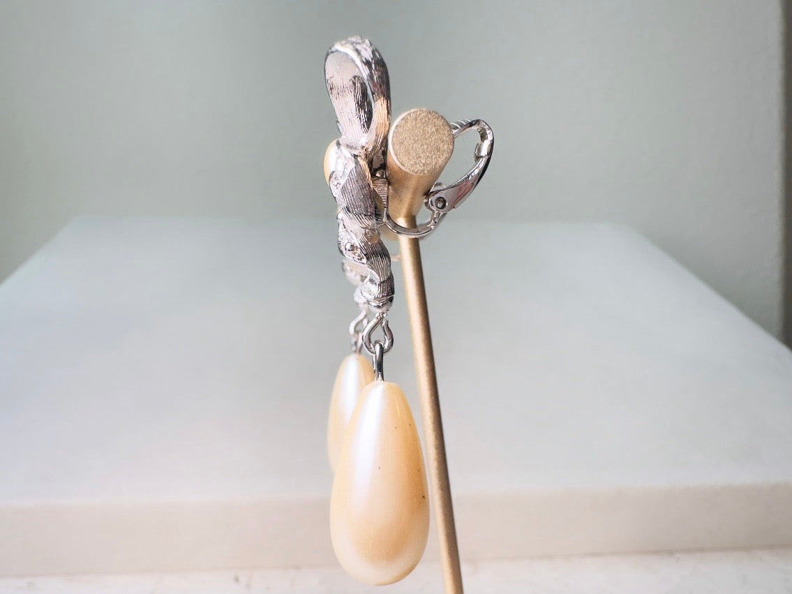 Silver Bow Earrings with Pearl Teardrops, Vintage Signed Richelieu Lolita Earrings with Crystals