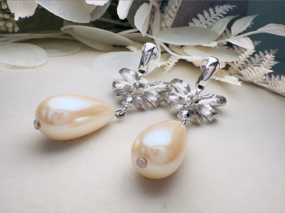Silver Bow Earrings with Pearl Teardrops, Vintage Signed Richelieu Lolita Earrings with Crystals