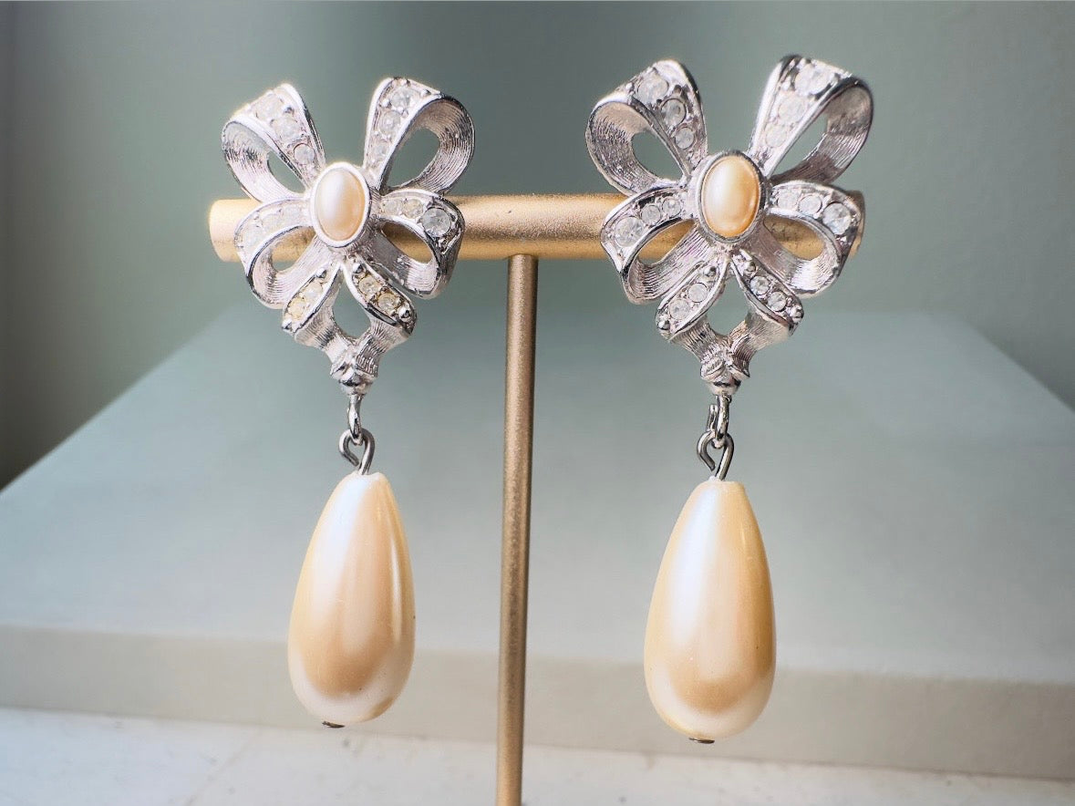 Silver Bow Earrings with Pearl Teardrops, Vintage Signed Richelieu Lolita Earrings with Crystals