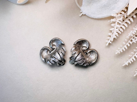 Silver Heart Earrings, Unique Vintage Wing Earrings in Heart Shape, Antique Silver Clip On Statement Earrings